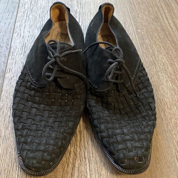 Vintage Via Spiga Black Suede Basket Weave Lace up Pointed Toe Oxford Loafers - Picture 7 of 7
